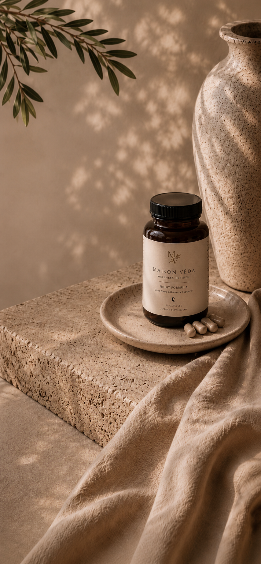 Maison Véda Night Formula — amber glass bottle in evening light