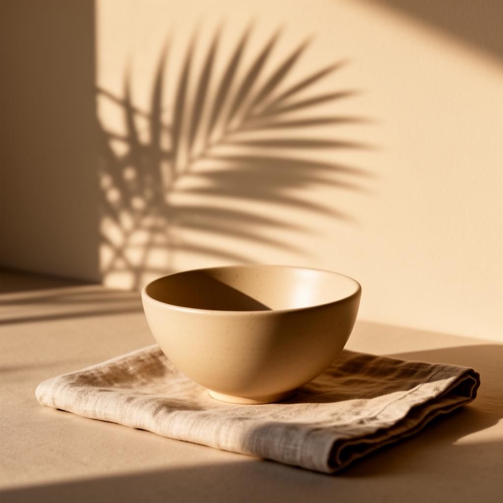 Minimal ceramic bowl in warm morning sunlight