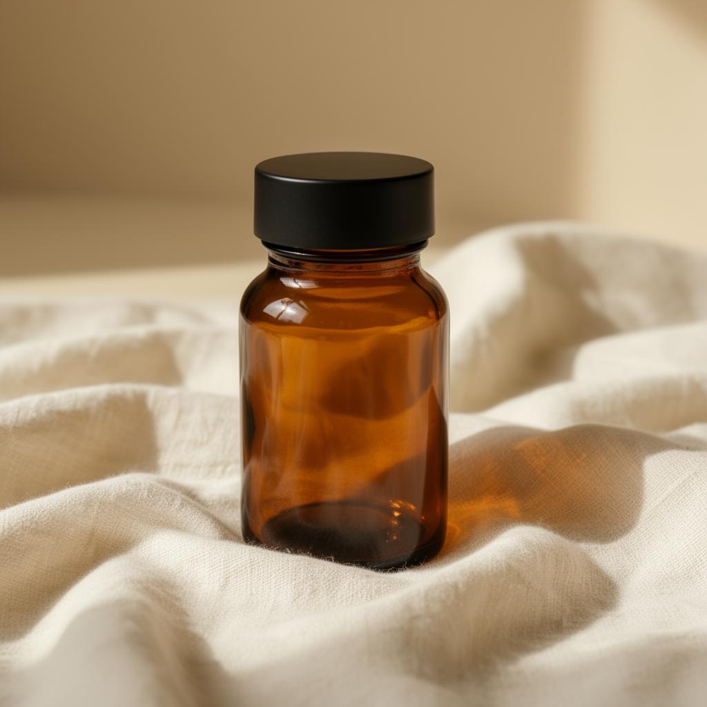 Amber glass Night Formula bottle resting on cream linen