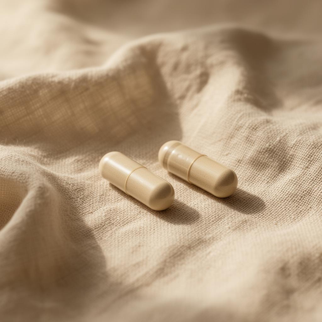 Two beige capsules on linen