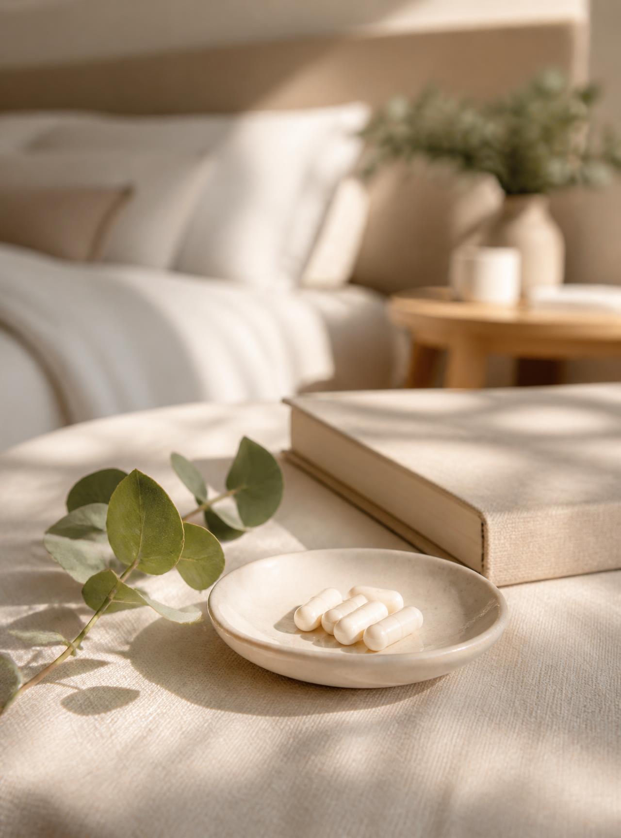 Maison Véda capsules in a ceramic dish on warm white linen in morning light