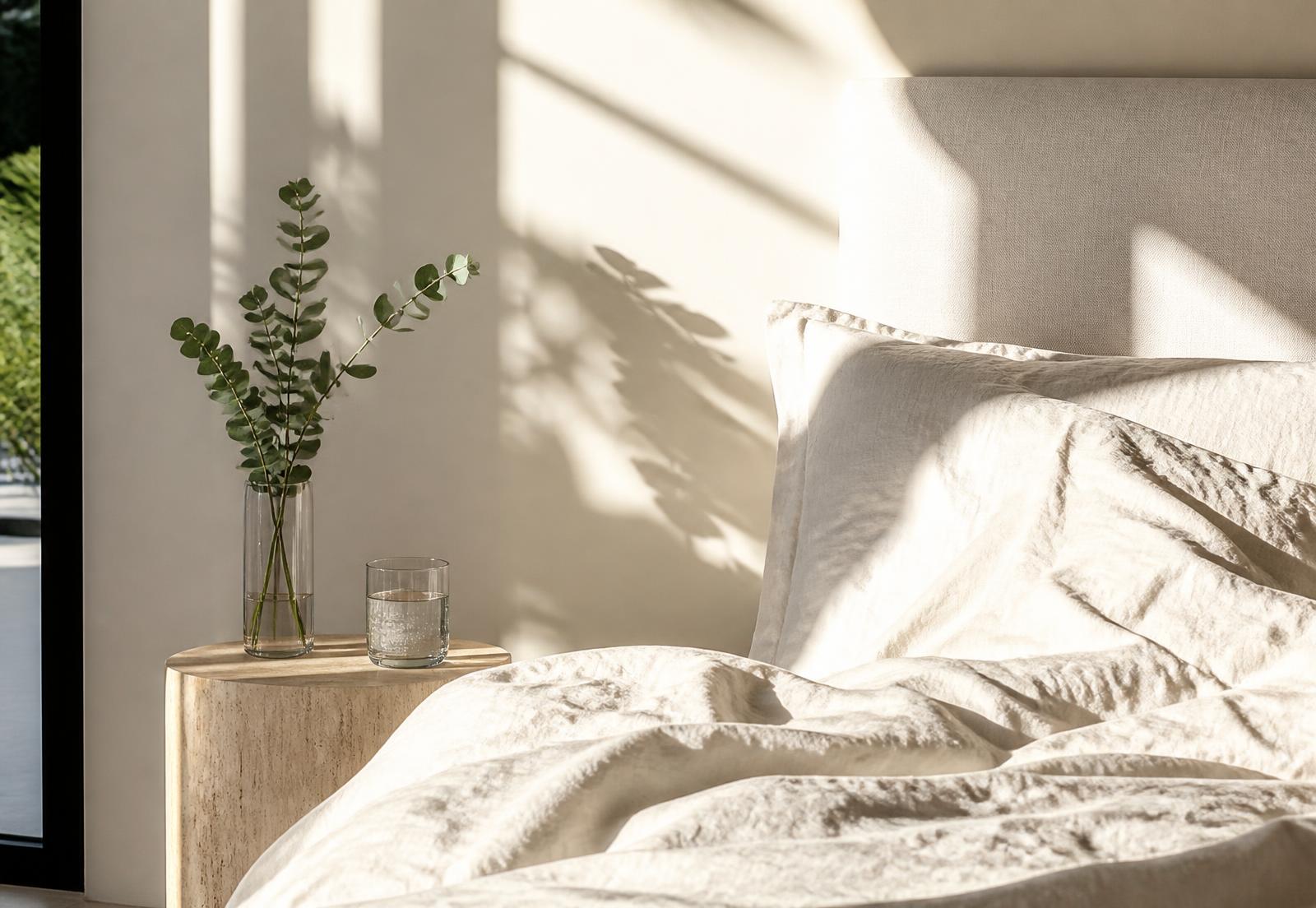 Warm linen bedding and a bedside table in morning light
