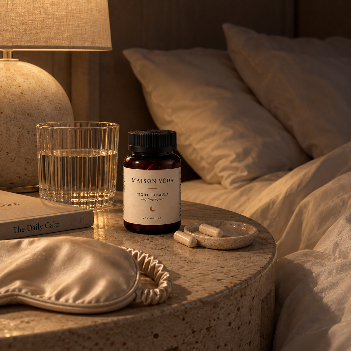 Maison Véda Night Formula on a bedside table as part of an evening routine