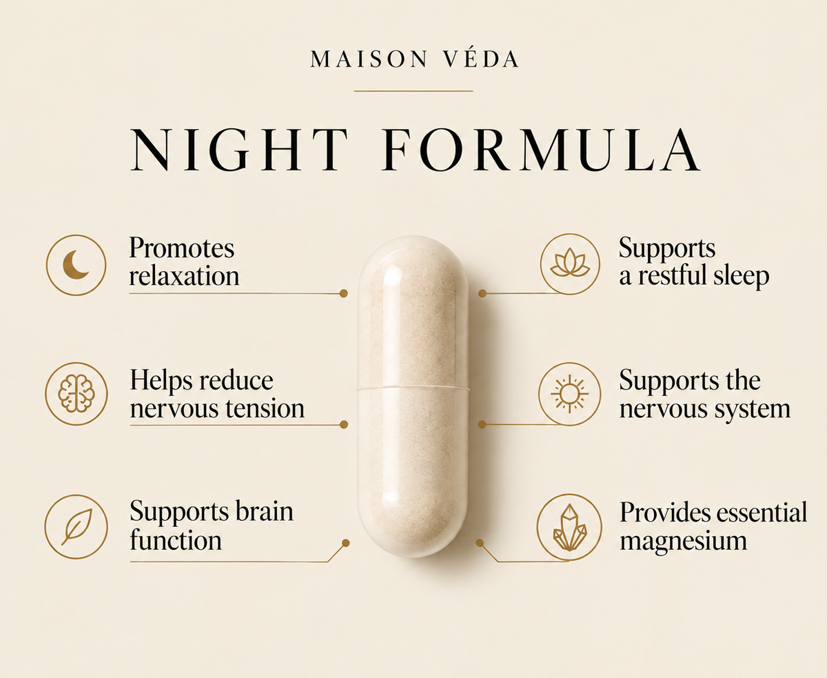 Maison Véda Night Formula supplement shown as a beige capsule centered on a warm cream background, surrounded by callout icons and text describing benefits such as relaxation, sleep support, nervous system support, brain function, and magnesium support.